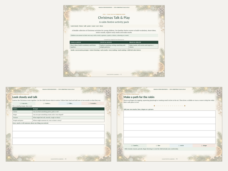 EYFS Christmas Talk and Play Workbook | Communication, Maths & PSED