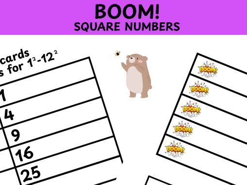 Square numbers Boom game 1-12 squared