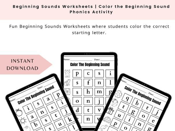 Fun Beginning Sounds Worksheets where students color the correct starting letter.
