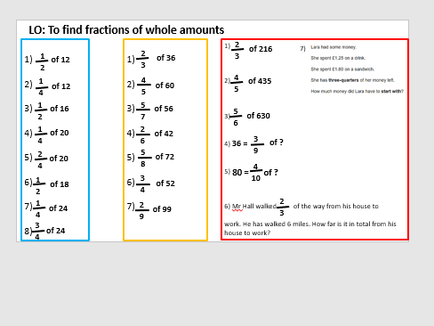 Fractions of amounts year 6