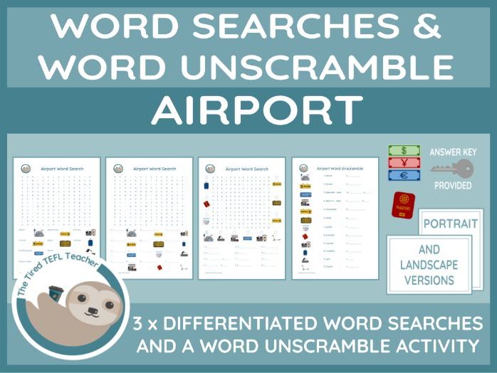 ESL Airport Differentiated Word Searches and Word Unscramble