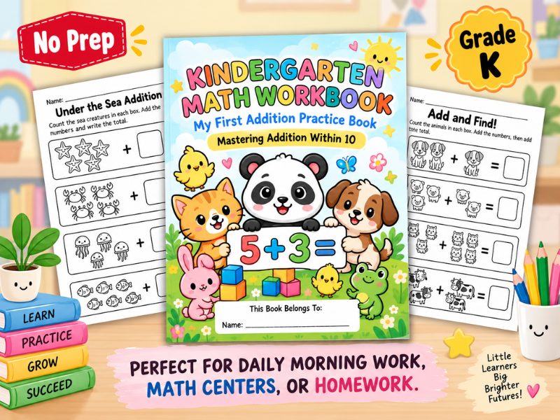 Reception Addition to 10 Workbook: Pictures, Missing Addends & No-Prep Worksheets
