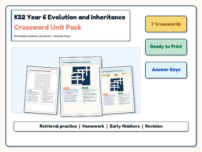 KS2 Year 6 Evolution and Inheritance Crossword Unit Pack | Vocabulary + Answers