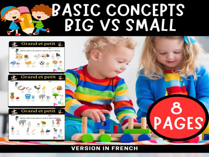 Basic Concepts : Big vs Small for early learners. Printable & digital Cards in French