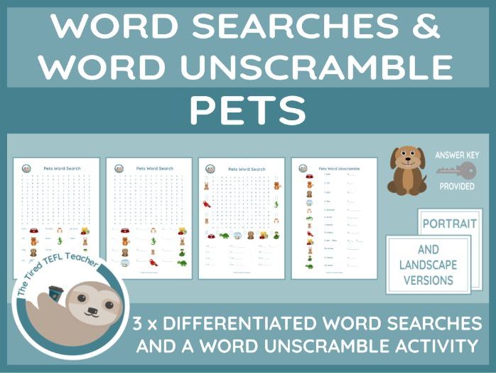 ESL Pets Differentiated Word Searches and Word Unscramble