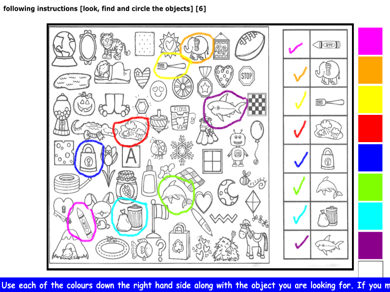 following instructions [look, find and circle the objects] [6]