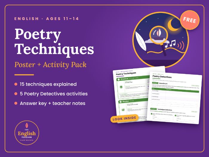 Poetry Techniques Poster + Poetry Detectives | 15 Poetic Techniques Explained with Activities