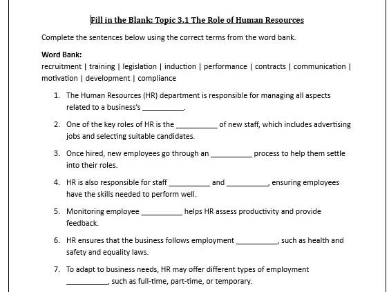 OCR Business Topic 3- fill in the blank activities