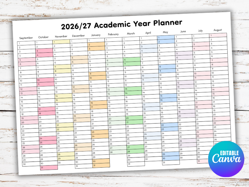2026-2027 Academic School Year Calendar, 26-27 Editable Calendar, Academic Calendar