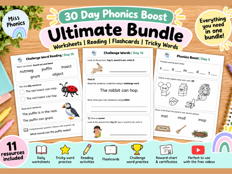 30 Day Phonics Boost Ultimate Bundle | Worksheets, Reading & Flashcards