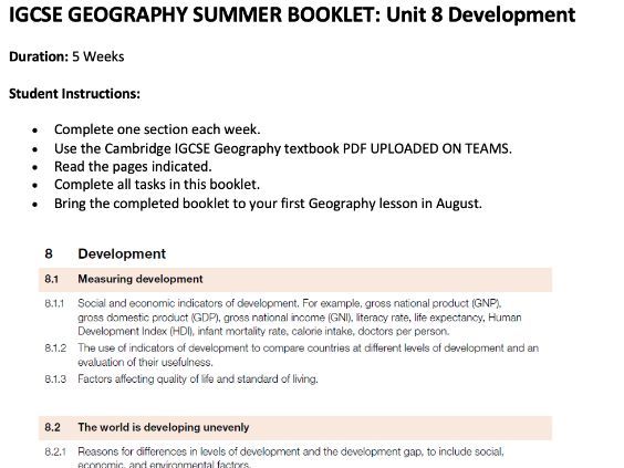 IGCSE Geography - summer booklet - Unit 8 - Development - new specification for exams in 2027