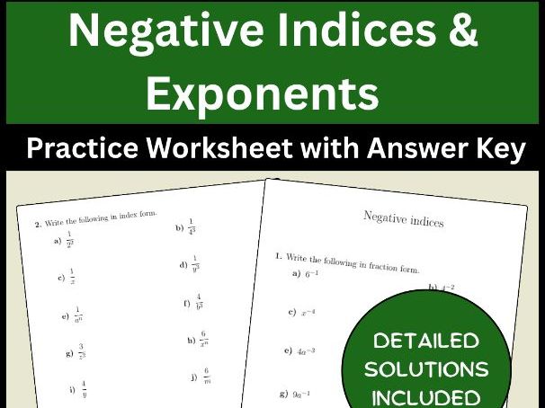 Negative Indices & Exponents Practice Worksheet with Answer Key