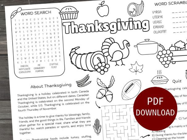 Thanksgiving Activity Placemat, Colouring Sheet
