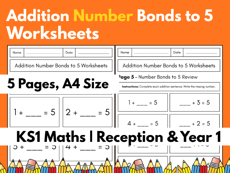 Addition Number Bonds to 5 Worksheets | KS1 Maths | Reception & Year 1