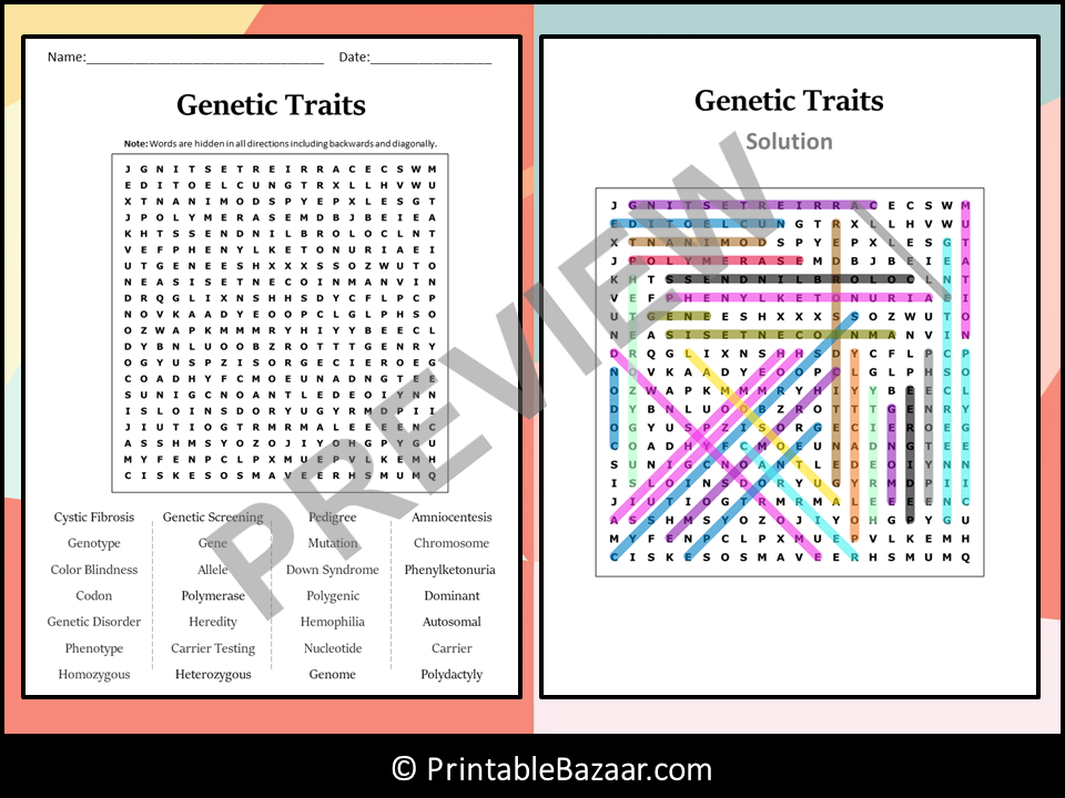 Genetic Traits Word Search Puzzle Worksheet Activity | Teaching Resources