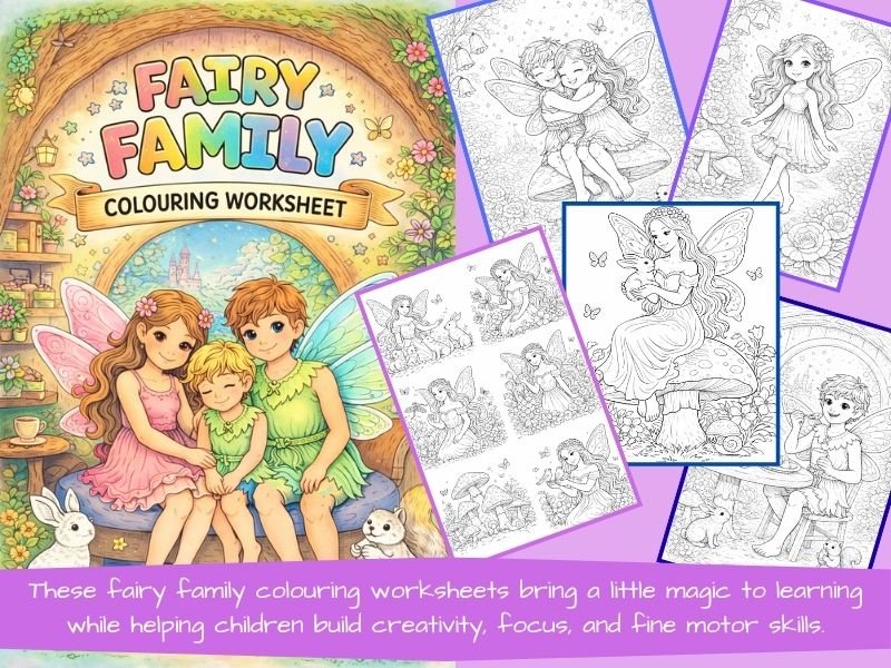 Fairy Family Colouring Worksheets | Printable Fantasy Coloring Pages for Kids