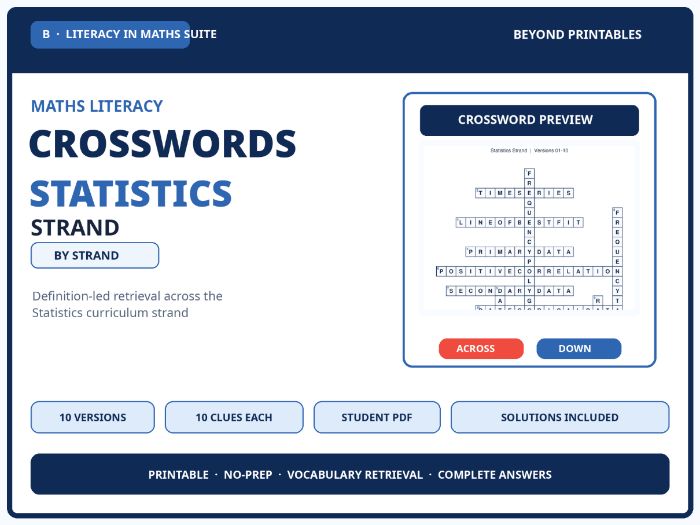 Statistics Strand Maths Crosswords | 10 Vocabulary Puzzles with Solutions