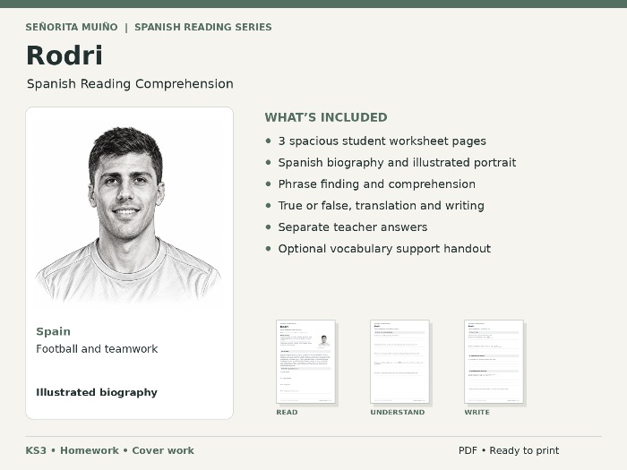 Rodri | KS3 Spanish Reading Comprehension - Football, Homework & Cover