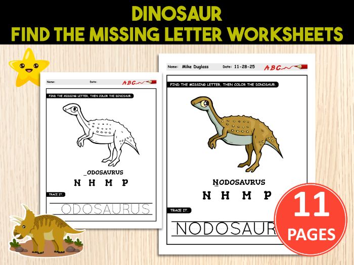 Dinosaurs Missing Letter Activity | Find the Letters Recognition Worksheets