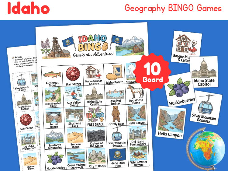 Idaho Geography Bingo Game | 10 Printable State Study Boards