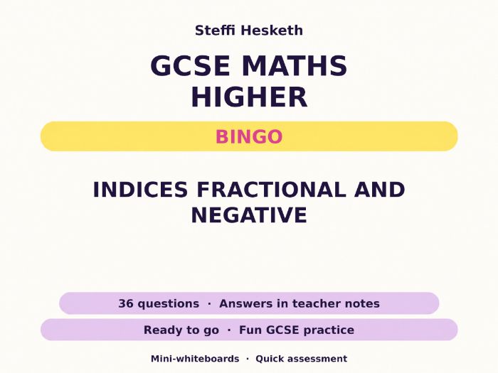 Indices Fractional and Negative GCSE Maths Higher Bingo
