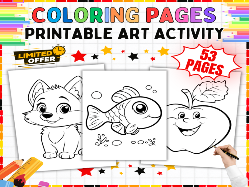 53 Colouring Pages - Printable Art Activity Pack | Animals Flowers Nature | Brain Break Worksheets