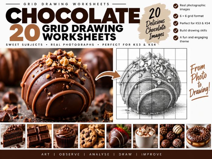 Chocolate Grid Drawing Worksheets | 20 Art Activities | 6x6 Grid ...