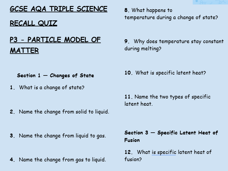 GCSE AQA Triple Physics – Particle Model of Matter Retrieval