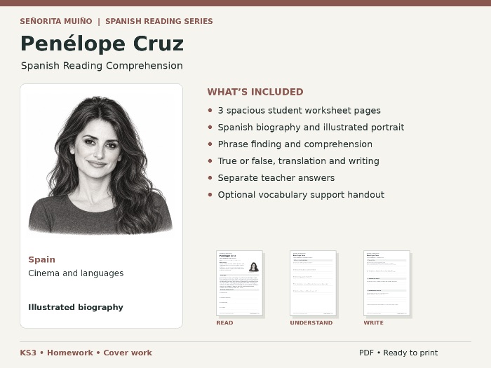 Penélope Cruz | KS3 Spanish Reading Comprehension - Homework & Cover