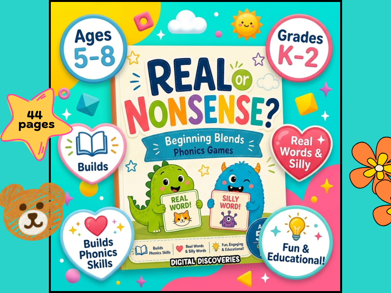 Beginning Blends and Real or Nonsense Words Worksheets for K–2 Phonics Activities and Early Reading