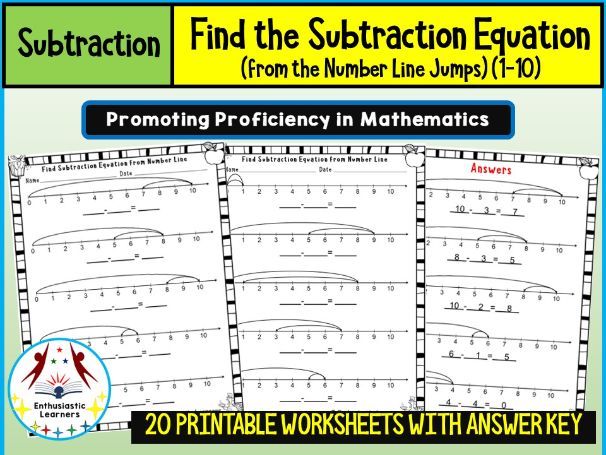 Find the Subtraction Number Line Equation from the Given Jumps (1-10) – Worksheets Practice Activity