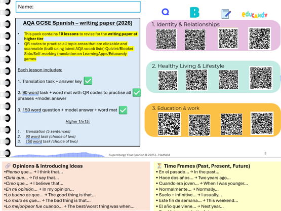 Spanish GCSE writing booklet (H)AQA 2026