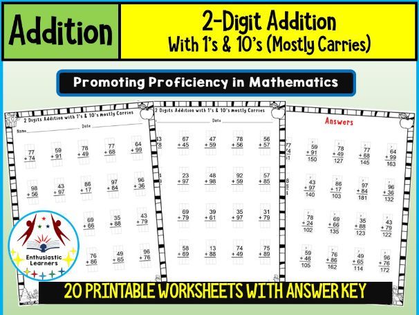 2-Digit Addition with 1’s & 10’s (Mostly Carries) Worksheets Activity Practice