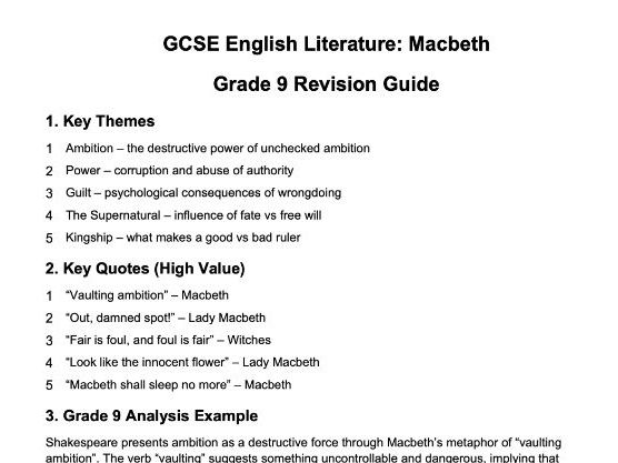 Macbeth GCSE Revision Guide: Grade 9 Quotes, Themes & Essay Structure