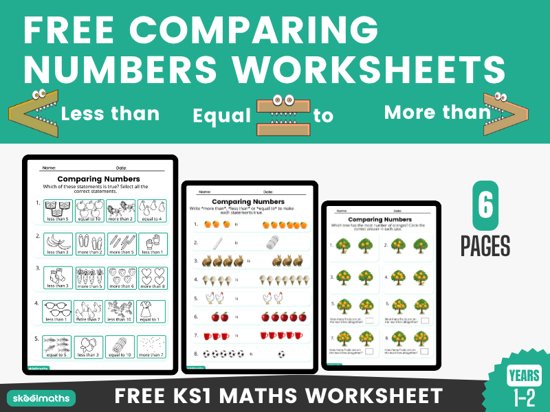Comparing Numbers Worksheet | KS1 Maths | Greater Than, Less Than, Equal To | Year 1 & Year 2