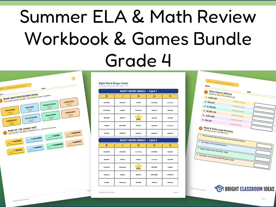 Summer ELA & Math Review Workbook & Games Bundle | Grade 4