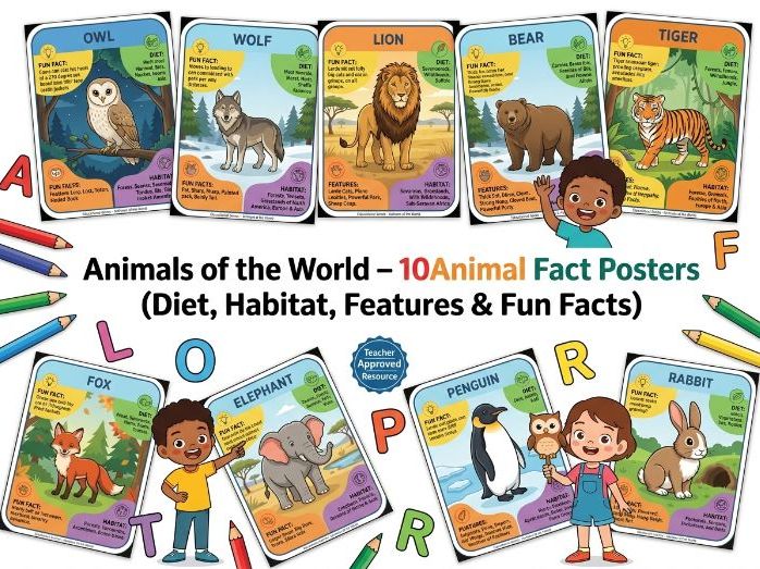 Animals of the World – 10 Animal Fact Posters (Diet, Habitat, Features & Fun Facts)