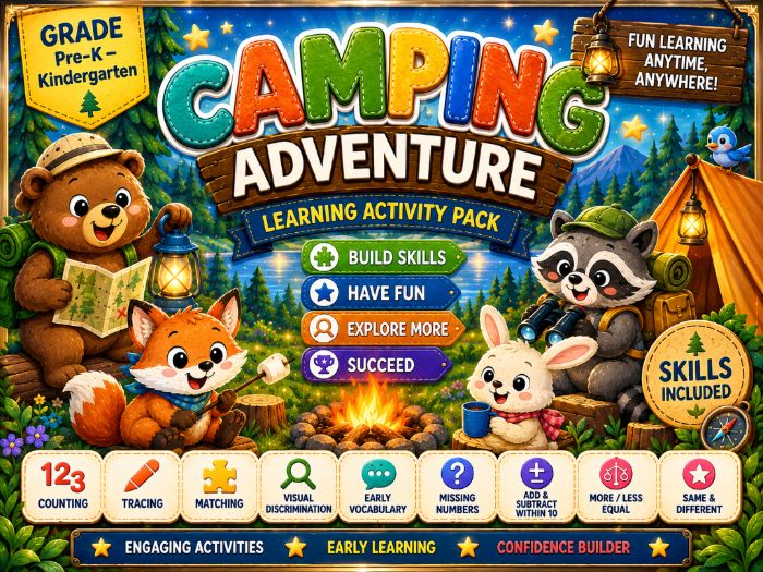 Camping Adventure Learning Activities | Math, Tracing, Matching & Vocabulary | Pre-K–Kindergarten
