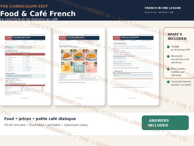 French Food and Café Illustrated Worksheet | Beginner A1–A2 | Answers Included