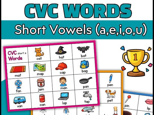 CVC Words Short Vowels (a,e,i,o,u) reading cards.
