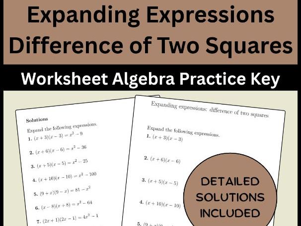 Expanding Expressions Difference of Two Squares Worksheet Algebra Practice Key