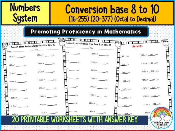 Conversion Base 8 to 10 (16–255) Number System Worksheets  Octal to Decimal Conversion Practice