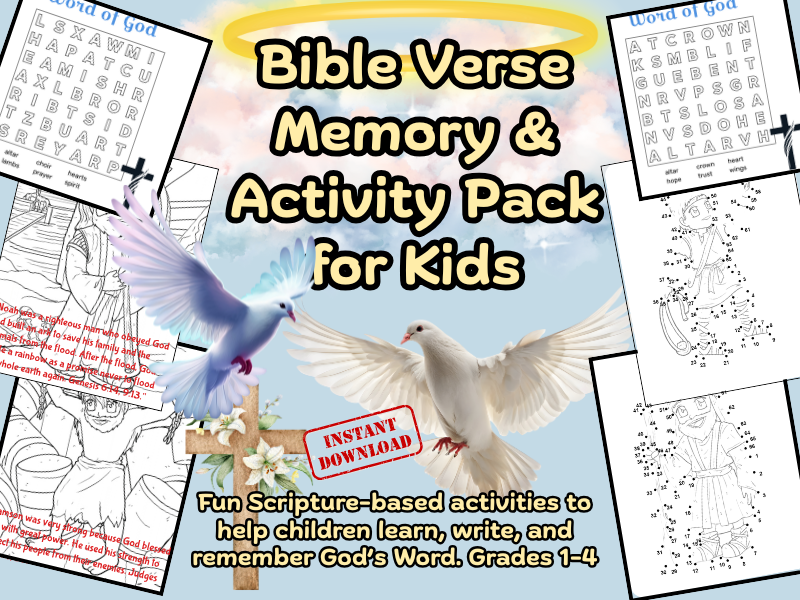 Bible Verse Memory and Activity Pack for Kids (Grades 1–4)-Sunday School, Homeschool Bible lessons