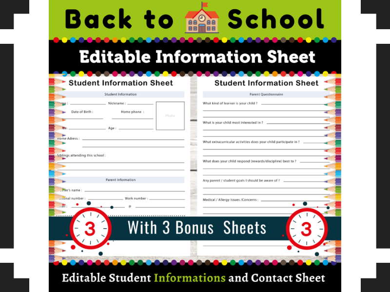 Editable Student Information and Contact Sheet  : Back to School Essential Form