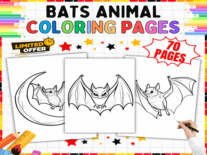 70 Bats Animal Coloring Pages for Kids | Cute Bat Colouring Sheets | No Prep Wildlife Printable