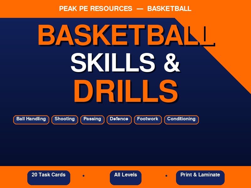 Basketball Skills Task Cards | 20 Cards | Dribbling, Shooting, Defence & More | KS2–A Level |