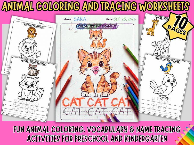 Animal Coloring and Tracing Worksheets | Preschool Animal Names