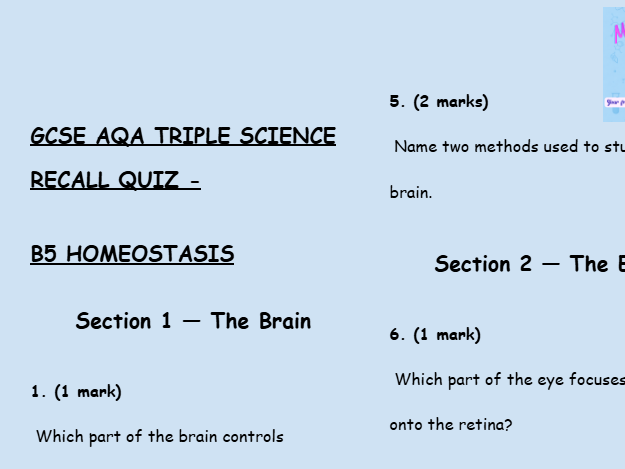 GCSE AQA Triple Biology – Homeostasis Retrieval Questions