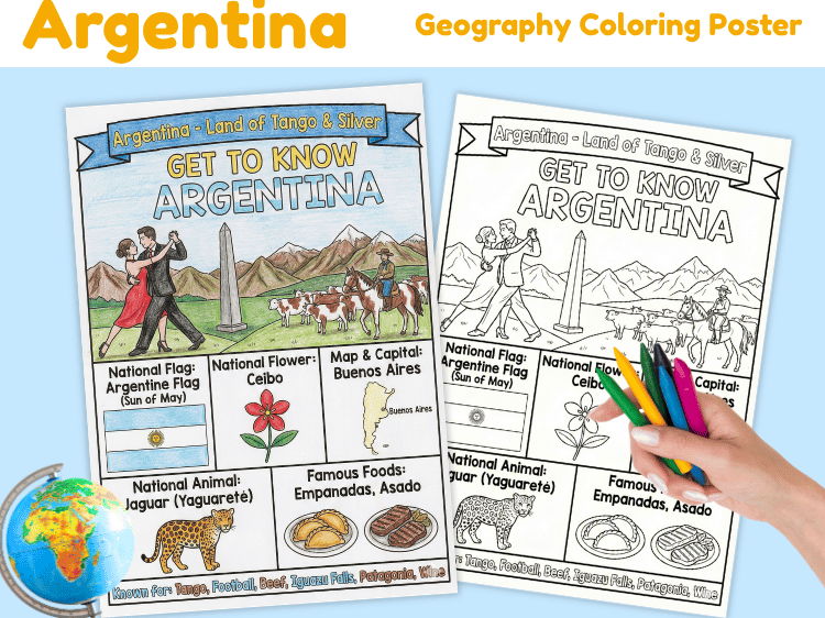 Argentina Geography Coloring Poster | Country Facts & Map Activity