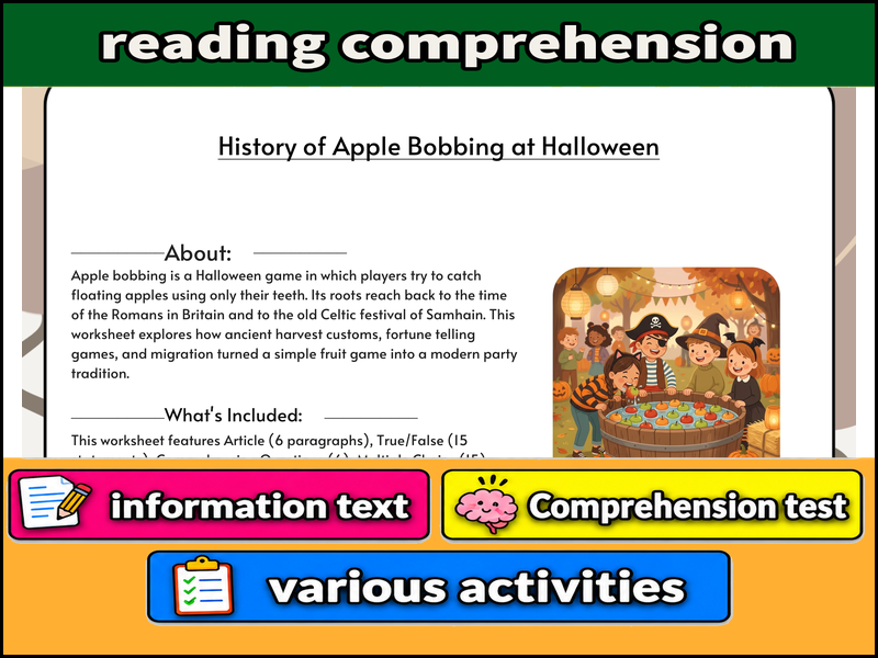 History of Apple Bobbing at Halloween  & Comprehension Test